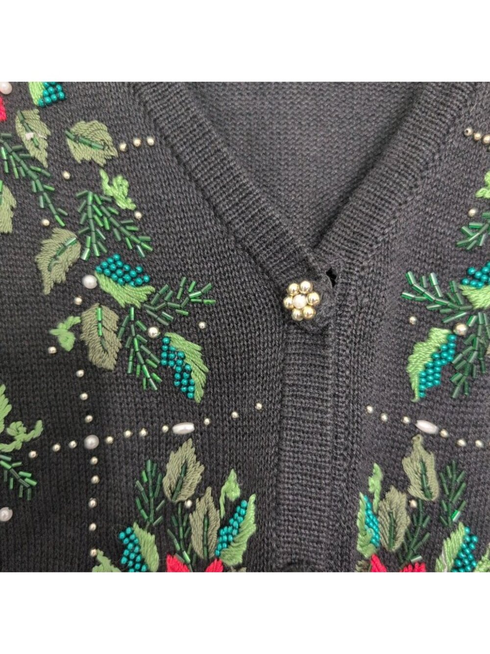Victoria Jones Beaded Poinsettia Cardigan Womens Size Medium Black Christmas - Picture 4 of 10